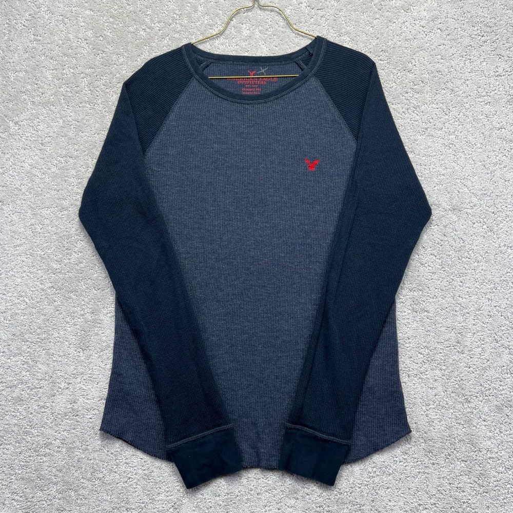 American Eagle Shirt Mens M Blue Gray Classic Fit Waffle Knit Raglan Long Sleeve